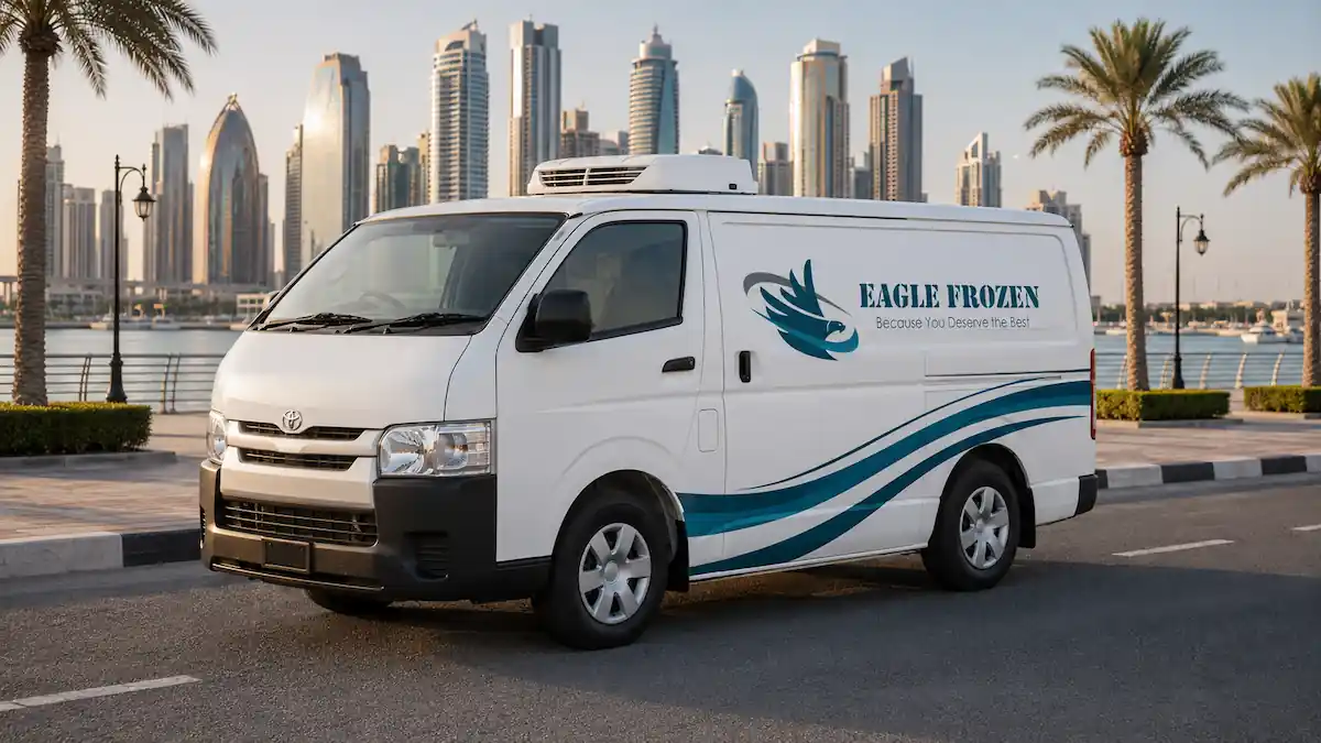 Chiller van rental in Abu Dhabi — Eagle Frozen Transport temperature-controlled van, 0°C to +8°C, local Mussafah branch serving Abu Dhabi