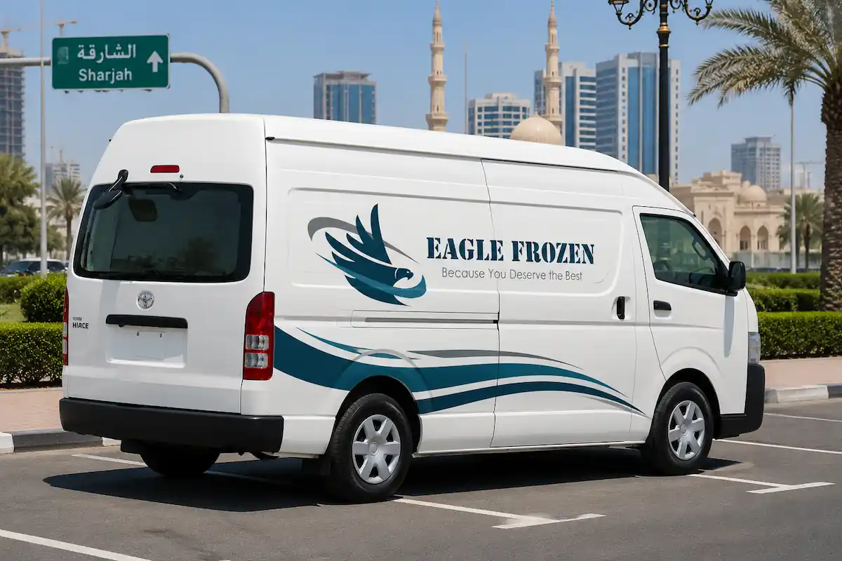 Chiller van rental in Sharjah — Eagle Frozen Transport temperature-controlled van, 0°C to +8°C, delivered to all areas of Sharjah