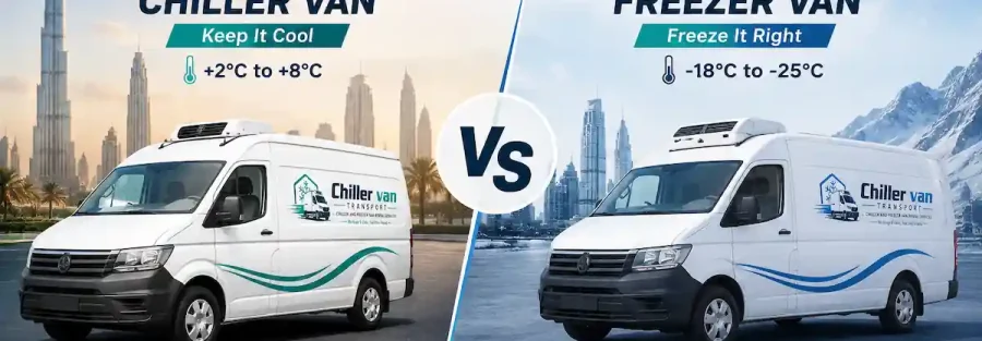 Chiller van for rent in Dubai (0°C to +8°C) and freezer van rental in Dubai (−18°C to −25°C) — refrigerated vans from Eagle Frozen Transport