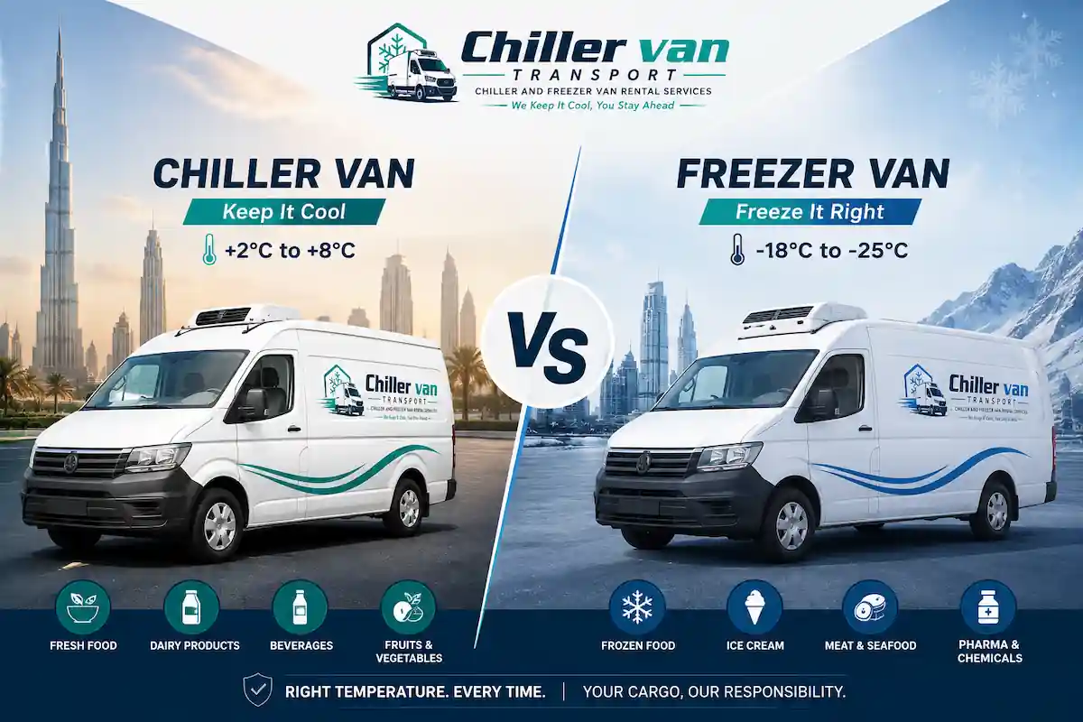 Chiller van for rent in Dubai (0°C to +8°C) and freezer van rental in Dubai (−18°C to −25°C) — refrigerated vans from Eagle Frozen Transport
