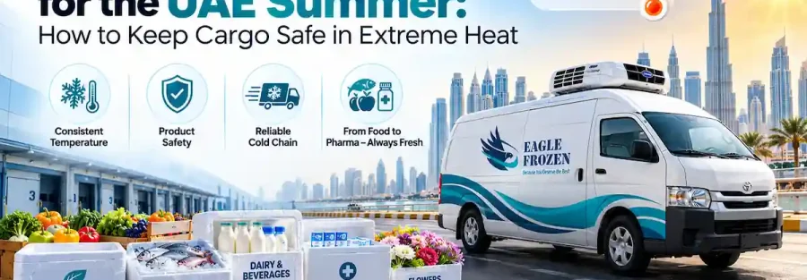 Refrigerated van keeping cargo cold during the UAE summer heat — Eagle Frozen Transport cold chain delivery across the Emirates