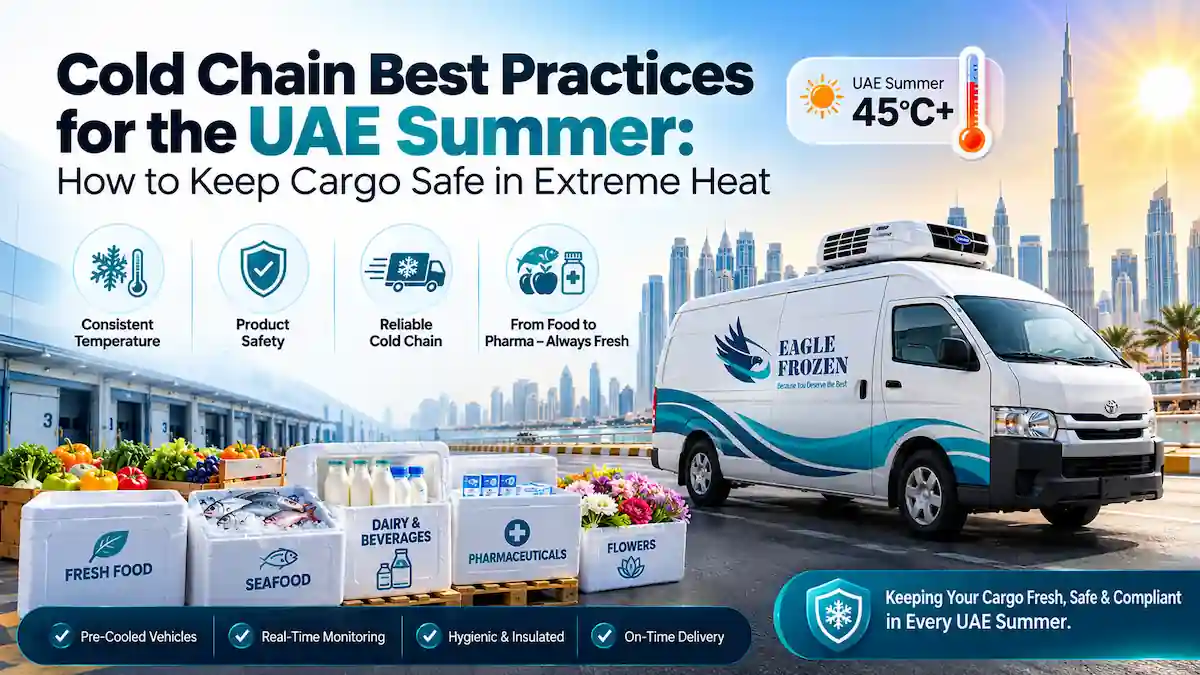 Refrigerated van keeping cargo cold during the UAE summer heat — Eagle Frozen Transport cold chain delivery across the Emirates