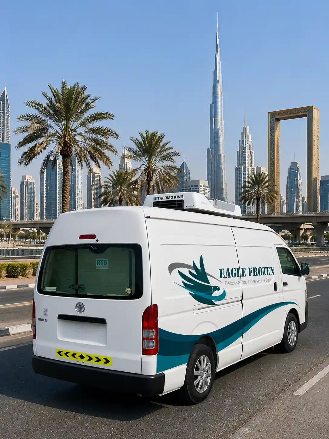 Eagle Frozen Transport freezer van for rent in Dubai delivering deep-frozen cargo at -25°C across UAE