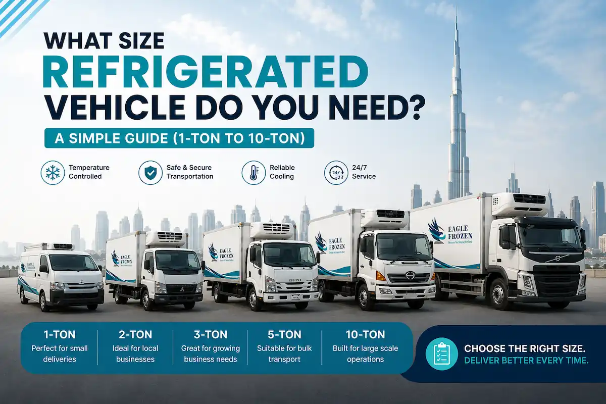 Refrigerated vehicles of different sizes — Eagle Frozen chiller and freezer vans and trucks for hire across the UAE