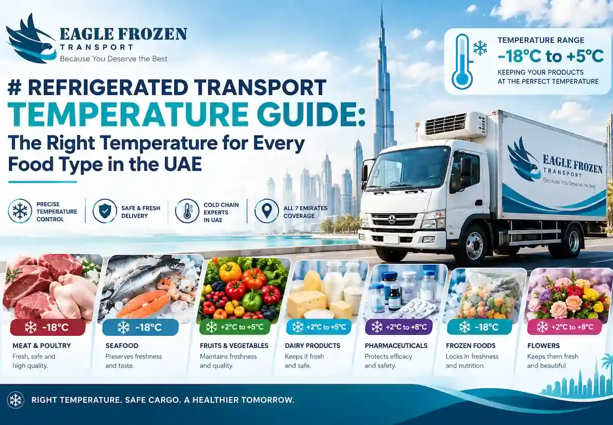 Refrigerated transport temperature guide — Eagle Frozen chiller and freezer vehicles set to the correct temperature for every food type in the UAE
