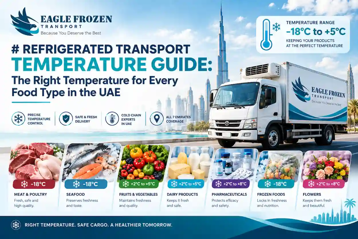 Refrigerated transport temperature guide — Eagle Frozen chiller and freezer vehicles set to the correct temperature for every food type in the UAE