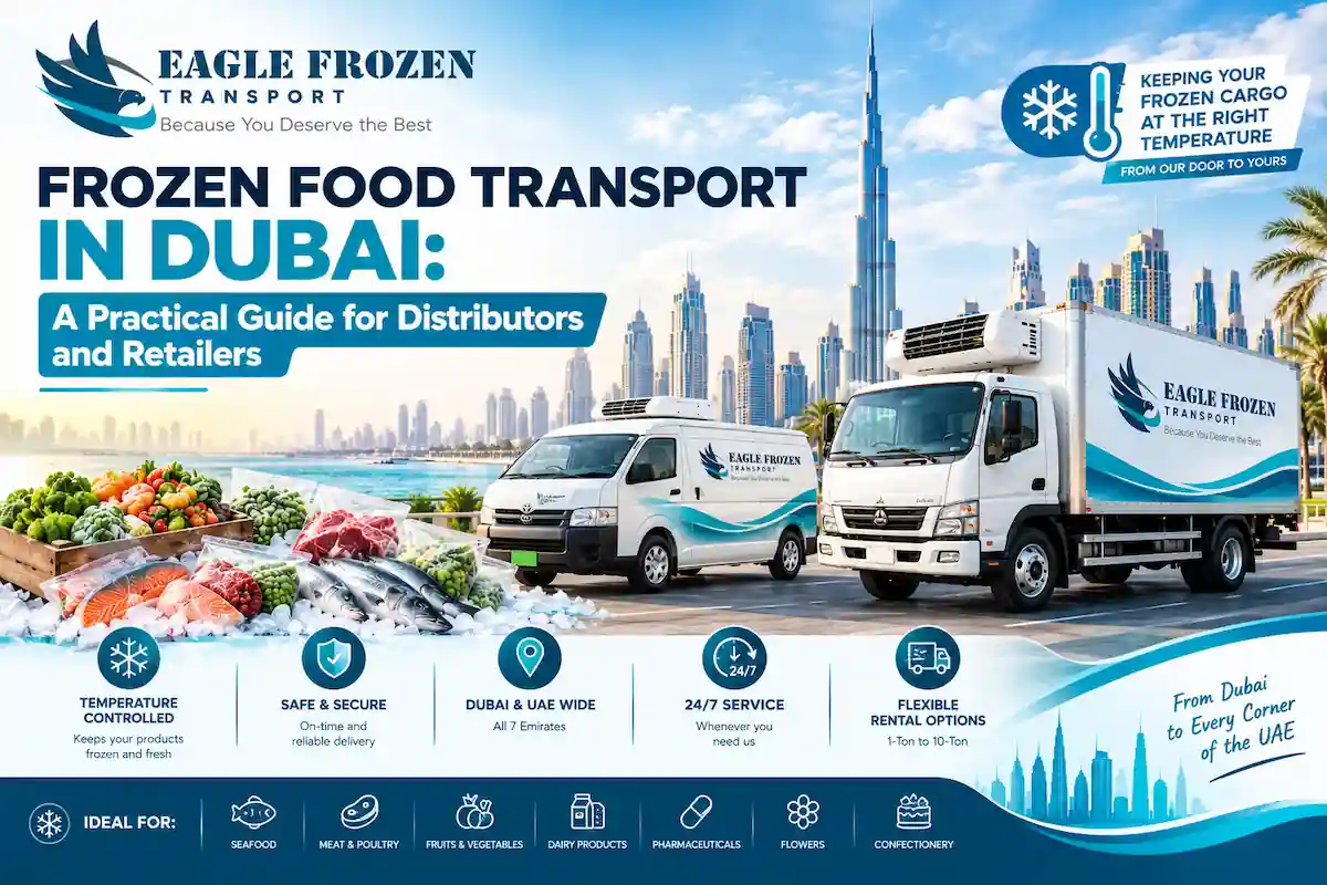 Frozen food transport in Dubai — Eagle Frozen freezer vans and trucks delivering frozen goods at −18°C to −25°C across the UAE