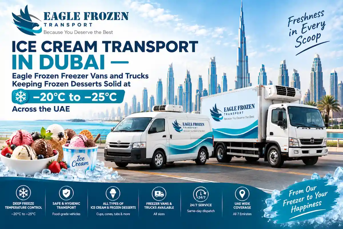 Ice cream transport in Dubai — Eagle Frozen freezer vans and trucks keeping frozen desserts solid at −20°C to −25°C across the UAE